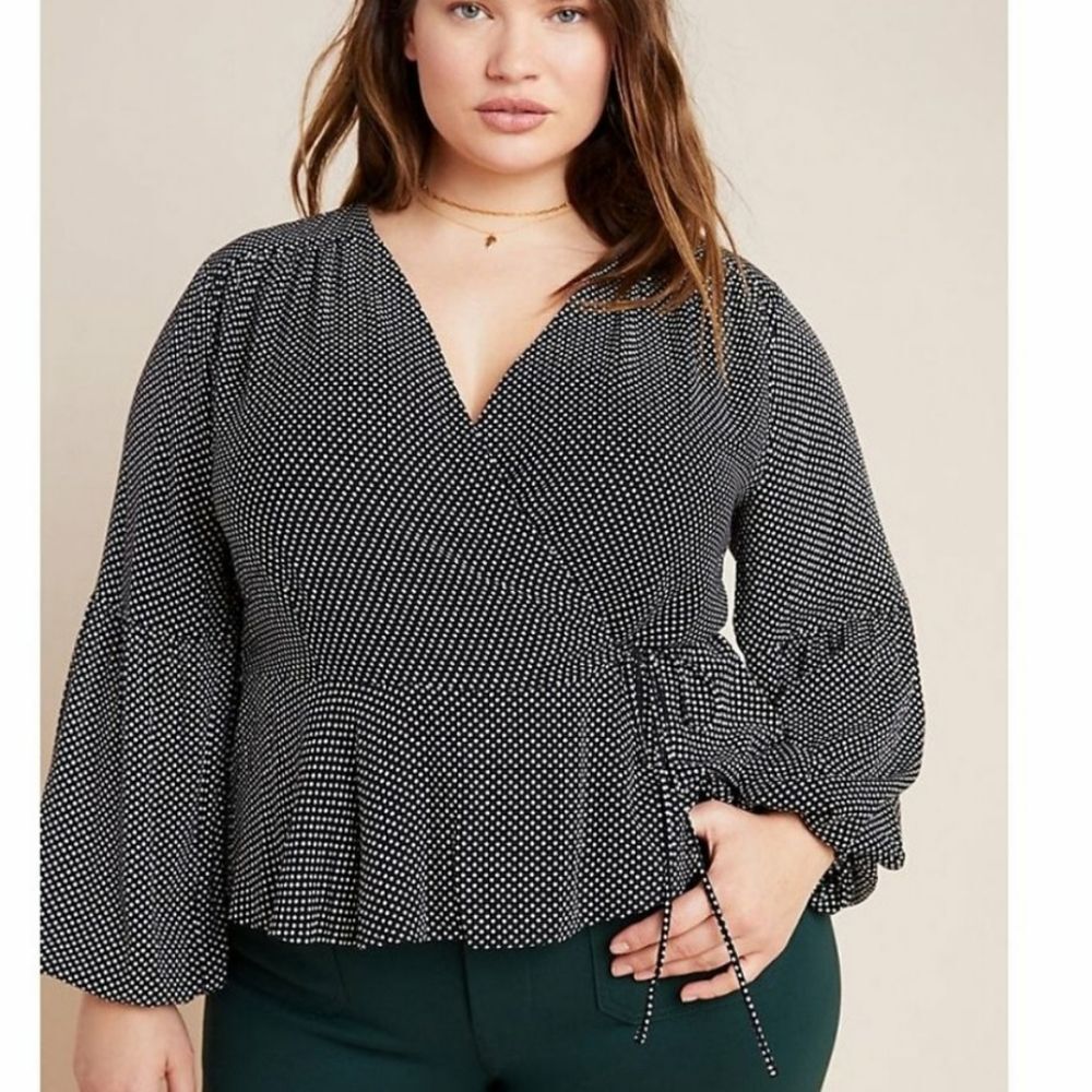 NWT Anthro Maeve Ingrid Polka Dot Wrap Front Tie Long Sleeve Top/Blouse